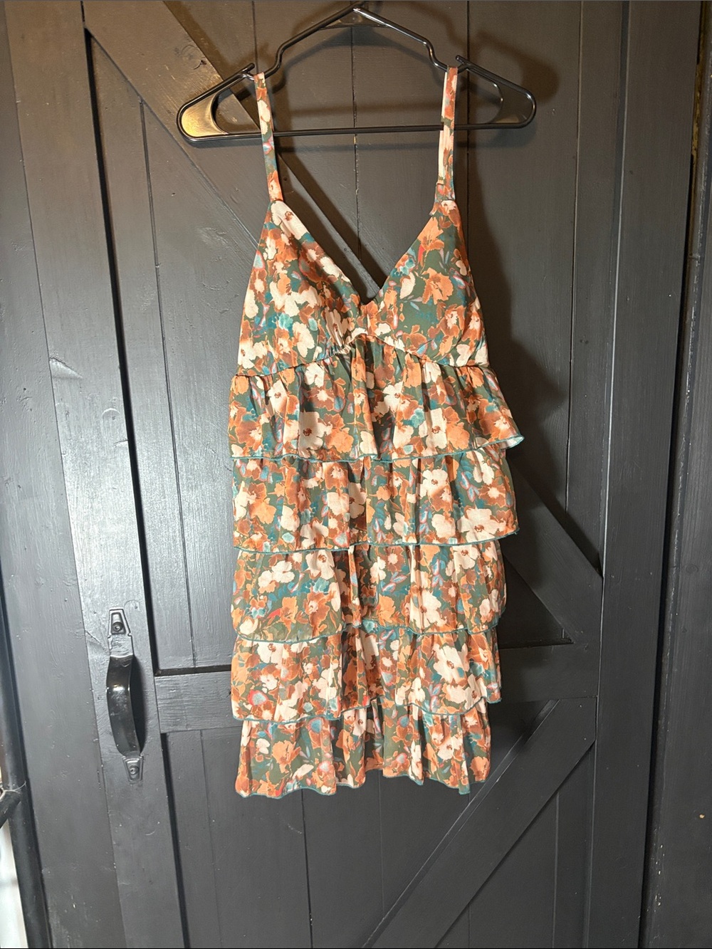 Emerald Sundae Teal and Rust Floral Ruffle Mini Dress